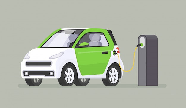 Vecteur la voiture électrique est rechargée à la station de charge