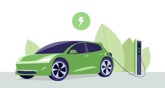 Voiture électrique sur station de charge avec green skyline Battery EV véhicule