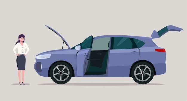 Voiture endommagée avec un capot ouvert et une jeune femme d'affaires. illustration de style plat.
