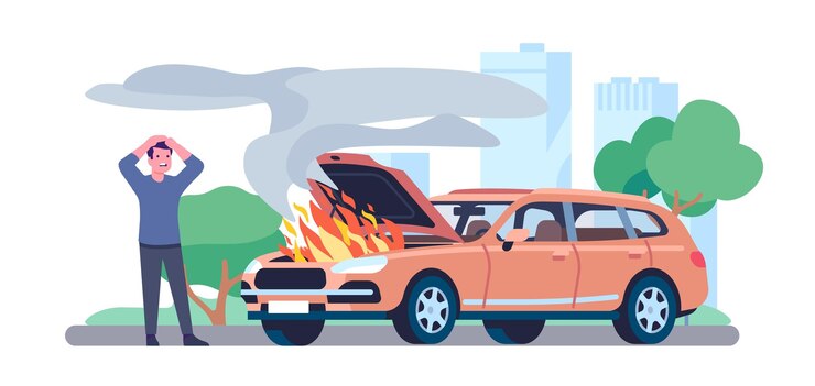 Voiture en feu Flamme et fumée s'échappant sous le capot Moteur d'automobile en feu Bouleversé le conducteur Accident de la route Assurance véhicule Sécurité des transports Moteur flamboyant Concept vectoriel