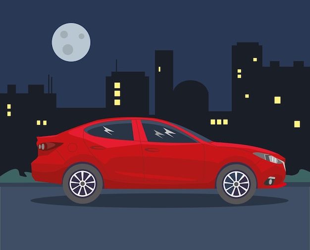 La Voiture Sur Fond De Ville Nocturne. Illustration Vectorielle.