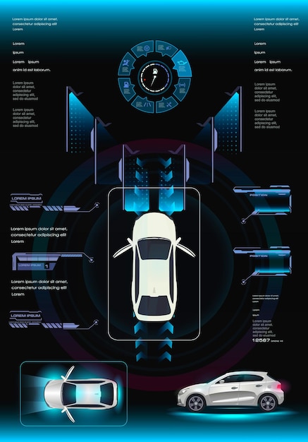 Voiture intelligente Interface utilisateur futuriste Application avec paramètres de paramètres caractéristiques du véhicule
