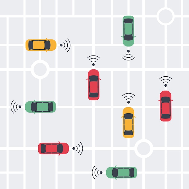 Vecteur voiture intelligente sans conducteur, automatique avec pilote automatique avec ondes sans fil et plan de la ville. vue de dessus