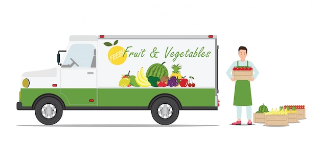 Vecteur voiture de livraison de fruits et légumes d'agriculteurs.