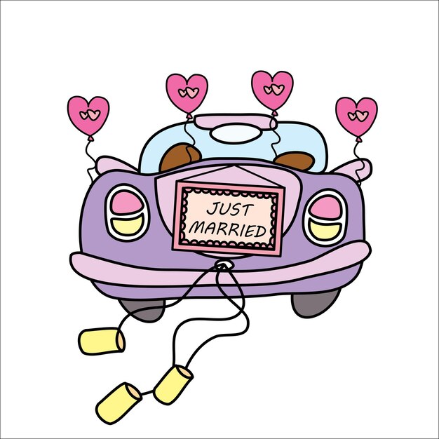 Voiture De Mariage Vient De Se Marier Doodle Illustration Vectorielle Dessinée à La Main