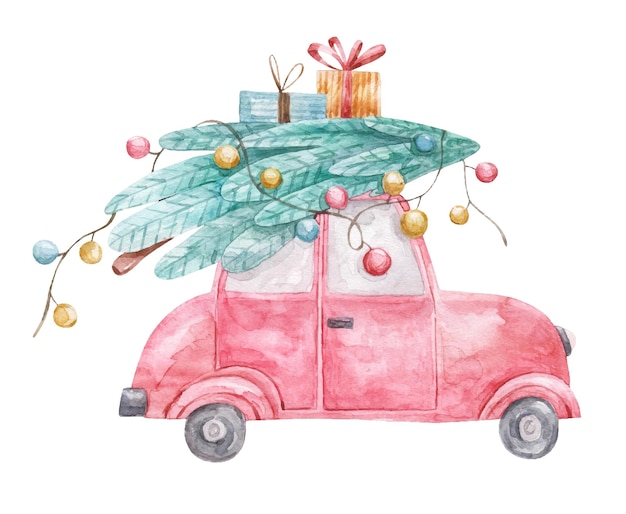 Voiture de noël rouge avec sapin et cadeaux de nouvel an illustration mignonne décor imprimé aquarelle