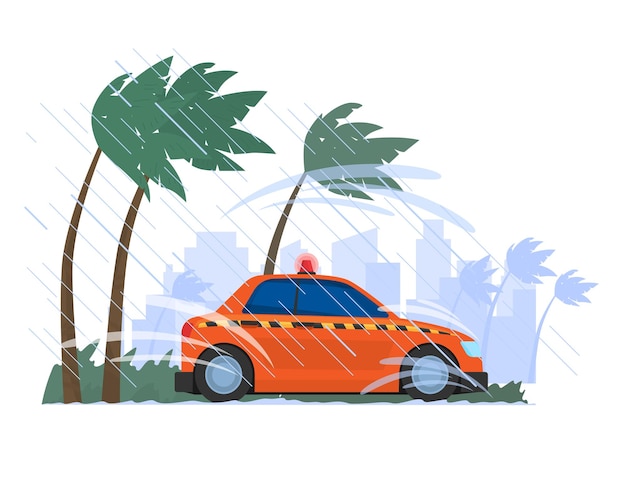 Vecteur voiture parking pluie tempête ouragan vent pays tropical isolé sur illustration vectorielle de dessin animé blanc
