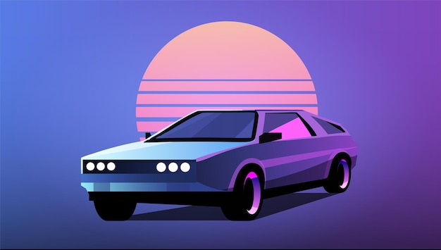 Voiture Retrowave Des Années 80 Dans Le Contexte De L'illustration Du Soleil Rayé