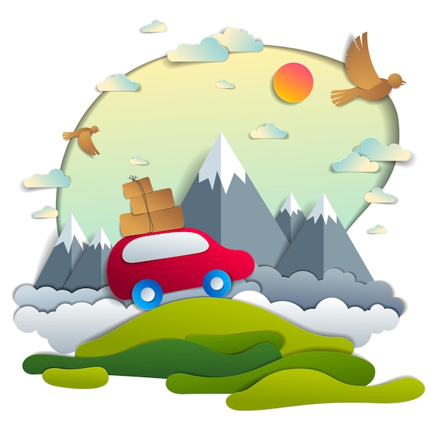 Voiture Rouge Avec Bagages Dans Un Paysage Naturel Pittoresque, Chaîne De Montagnes En Arrière-plan, Oiseaux Et Nuages Dans Le Ciel, Illustration Vectorielle En Papier Découpé Des Vacances D'été Voyages Et Tourisme, Famille Ou Amis.