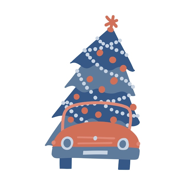 Voiture Rouge Avec Vue De Face De Sapin De Noël Isolé Clipart élément Vecteur Plat Illustration Seule Couleur...