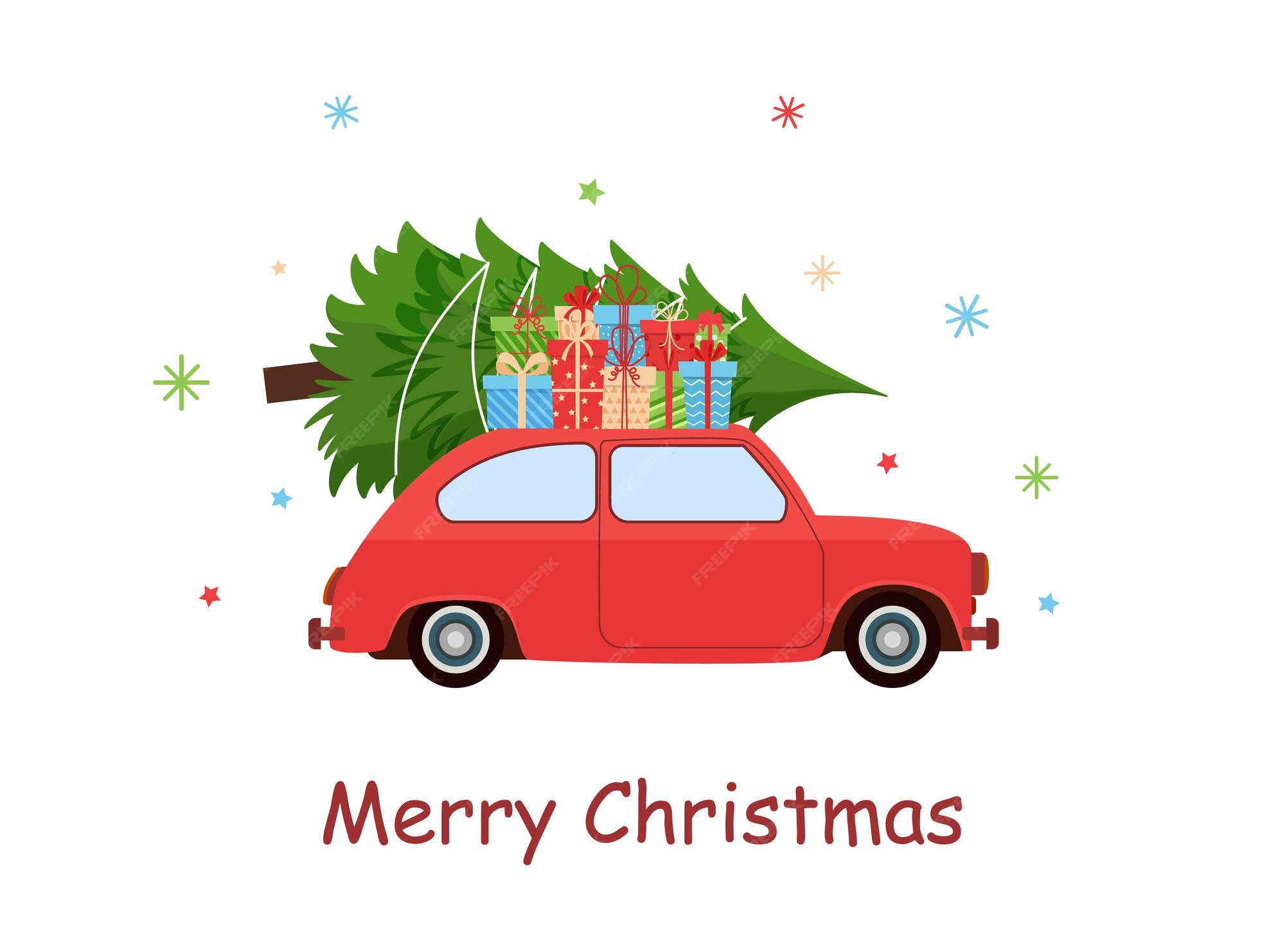 Voiture Avec Sapin De Noël Vecteur Premium