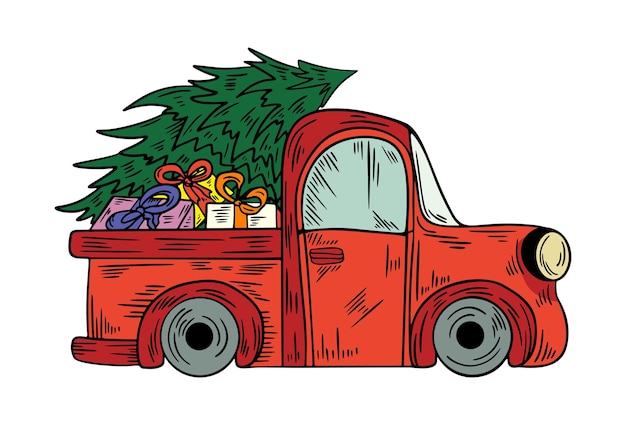 Voiture Shetch Dessinée à La Main Avec Arbre De Noël Et Coffrets Cadeaux