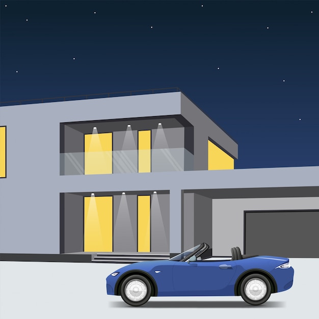 Voiture de sport bleue garée à côté d'une maison avec garage