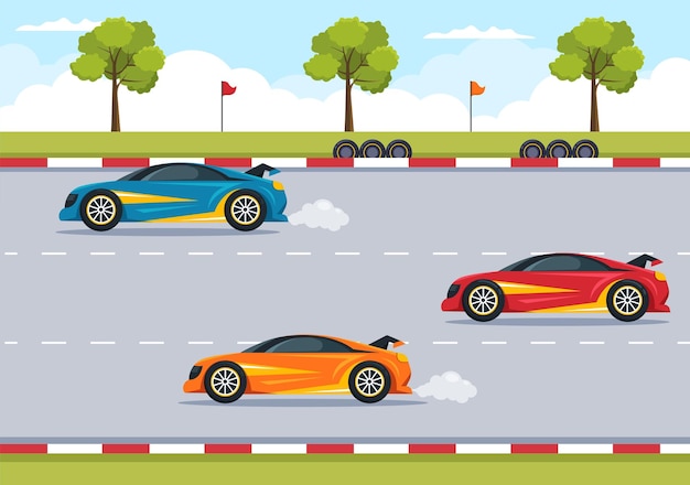 La voiture de sport de course de formule atteint sur le circuit de course l'illustration de dessin animé de ligne d'arrivée