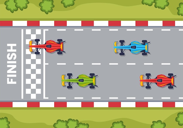 Vecteur la voiture de sport de course de formule atteint sur le circuit de course l'illustration de dessin animé de ligne d'arrivée
