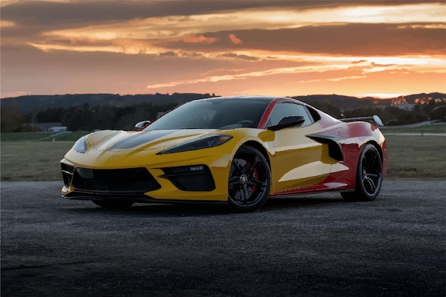 une voiture de sport jaune avec un coucher de soleil en arrière-plan