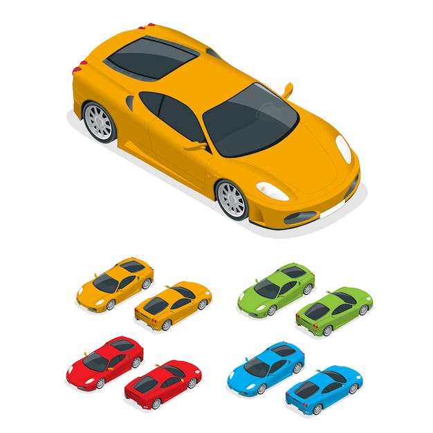 Voiture de sport jaune sur fond droit. Illustration isométrique vectorielle 3d plate.