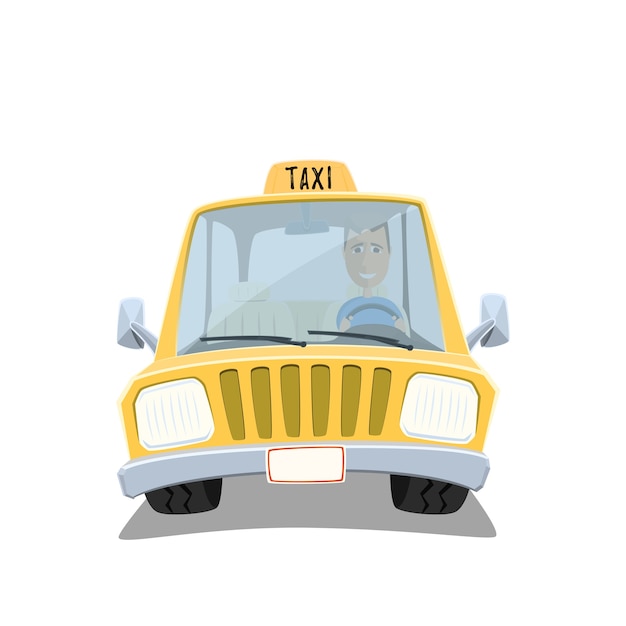 Voiture De Taxi De Dessin Animé Jaune Avec Chauffeur Sympathique Isolé Sur Fond Blanc.