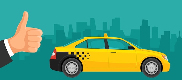 Voiture De Taxi Et Main Montrant Le Symbole Comme L'illustration Plate De Couleur De Vecteur Pour L'affiche D'icône De Web