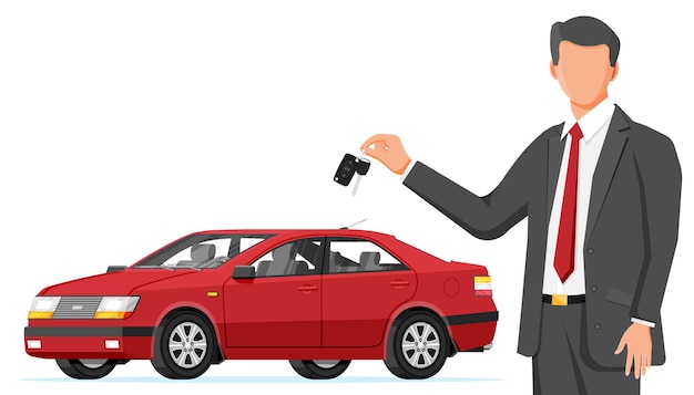 Voiture de tourisme et homme d'affaires détenant la clé
