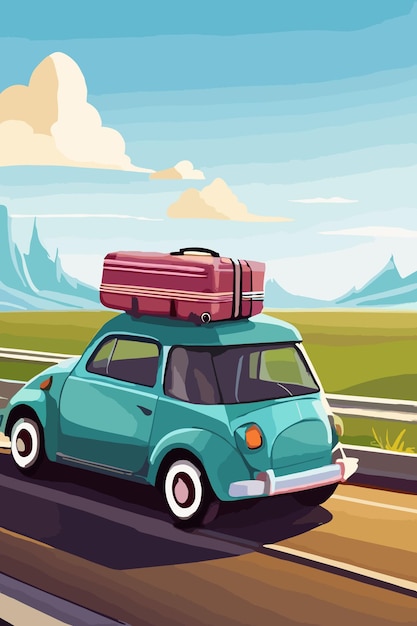 Voiture Vectorielle Voyageant Sur La Route Avec Des Bagages Pendant Les Vacances D'été