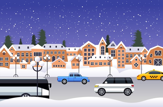 Vecteur voitures conduisant la route sur la rue de la ville d'hiver joyeux noël bonne année vacances célébration concept neige ville neige illustration vectorielle horizontale