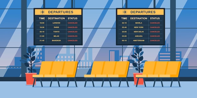 Vol Annulé De La Salle Vide à L'illustration Vectorielle Du Terminal De L'aéroport