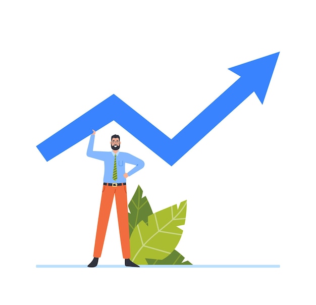 Volatilité des investissements Croissance financière Concept Business Man Hold Huge Rising Arrow Personnage masculin Déplacer vers le succès