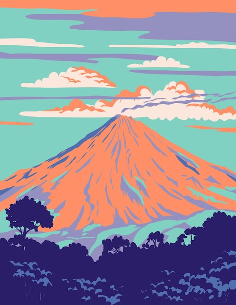 Vecteur volcan de colima ou volcan de fuego au mexique wpa art deco poster
