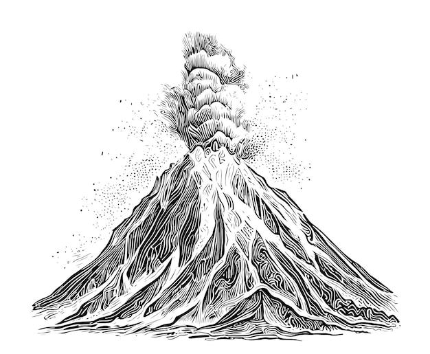 Volcan crachant de la lave esquisse dessinée à la main style de gravure Illustration vectorielle.