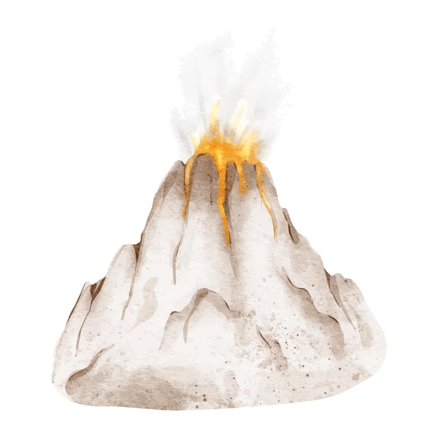 Volcan En éruption Avec De La Lave Et De La Fumée Illustration à L'aquarelle Dessinée à La Main Isolée Une Partie Du Volcan à L'époque Des Dinosaures Cartes D'invitation Pour Enfants Décoration De La Douche Pour Bébés Des Chambres D'enfants