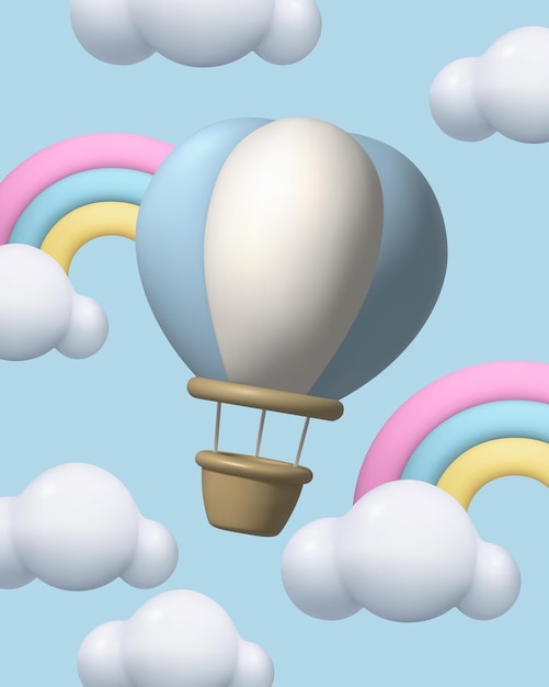 Voler 3d montgolfières nuages et arc-en-ciel mignon 3d réaliste argile aérostat illustration vectorielle