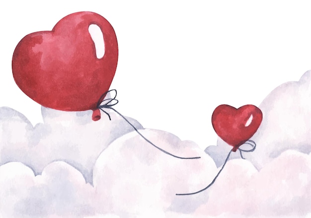 Voler Des Ballons Coeur Rouge Saint-valentin Sur Le Ciel. Carte D'amour Et De Romance. Aquarelle.