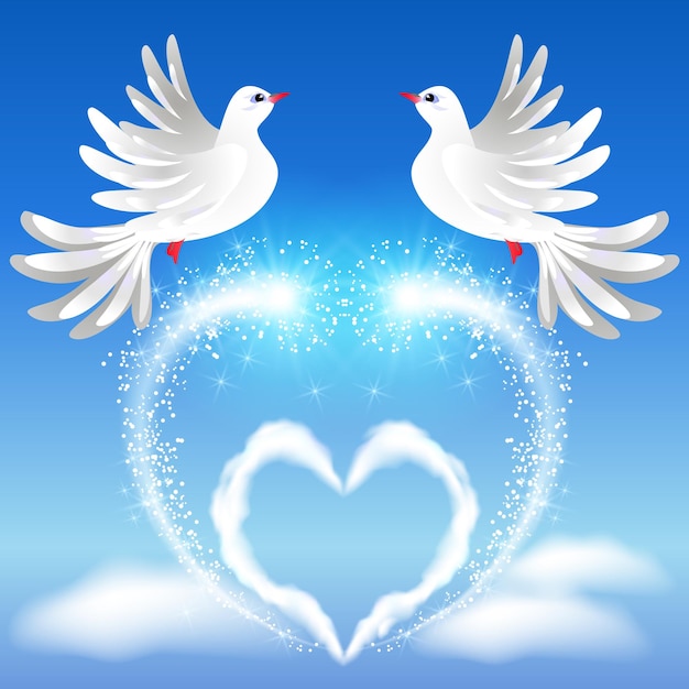 Vecteur voler deux colombes blanches dans le ciel et le cœur avec un salut étincelant