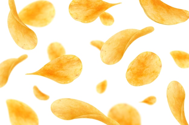 Voler et tomber des croustilles croustillantes fond vectoriel réaliste Minces tranches croustillantes de légumes de pommes de terre frites avec du sel et des épices 3d toile de fond de collations et de chips de restauration rapide