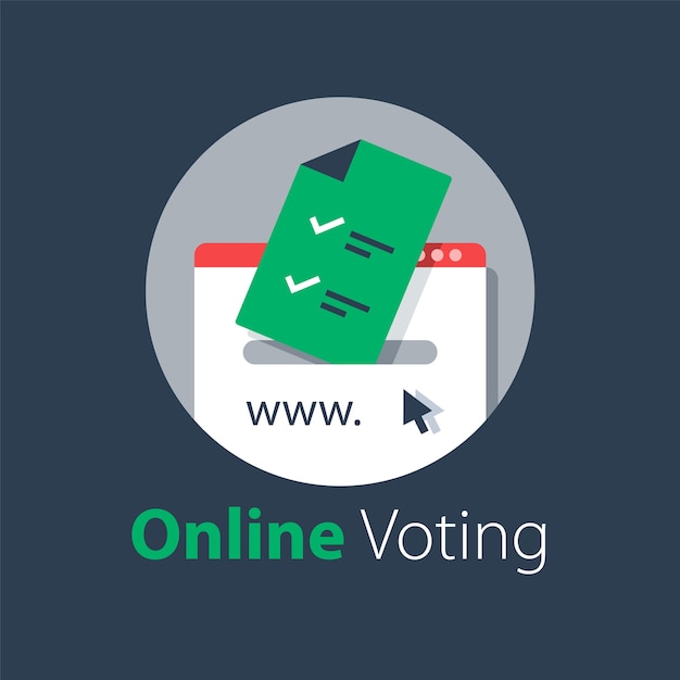 Vecteur vote par internet, soumission en ligne, services gouvernementaux, document coché, téléchargement de fichier, illustration
