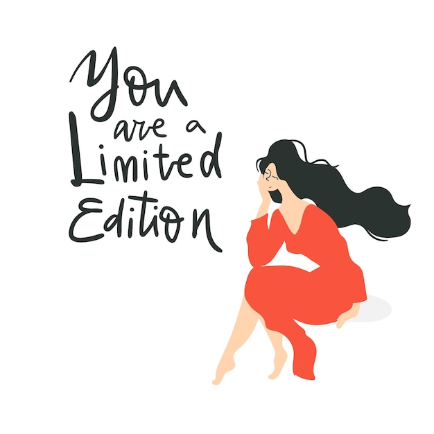 Vecteur vous êtes une édition limitée belle femme en robe rouge est heureuse aujourd'hui concept illustration