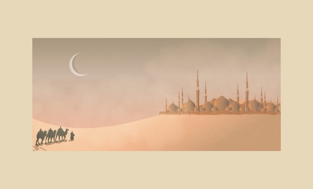 Vecteur voyage arabe dans le désert avec mosquée et lune. eid mubarak ou célébration du ramadan.