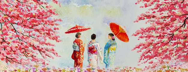 Voyage en automne du Japon Femme portant un kimono traditionnel japonais avec parapluie Peinture aquarelle