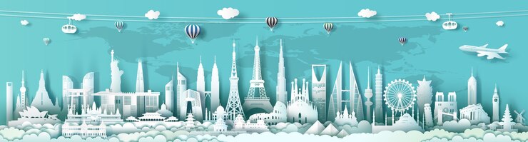 Voyage dans le monde de l'architecture de monuments avec fond turquoise, monuments d'architecture importants du monde, tourisme avec style de papier panoramique