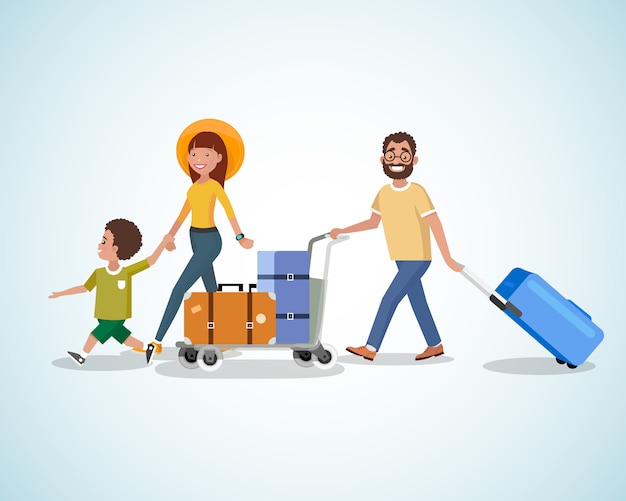 Vecteur voyage en famille avec le concept de vecteur de dessin animé de bagages