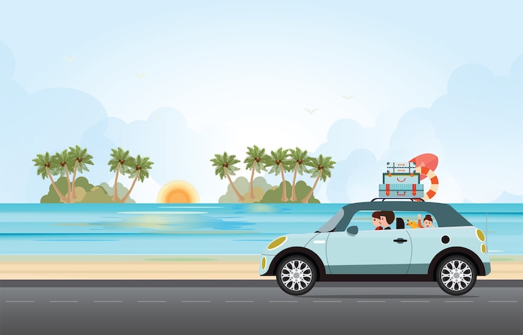 Vecteur voyage en famille en voiture sur la plage
