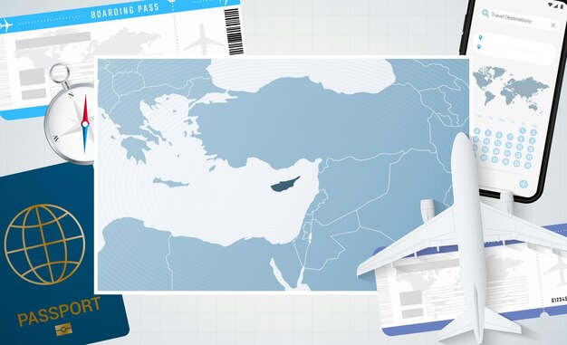 Voyage à L'illustration De Chypre Avec Une Carte De Chypre Arrière-plan Avec Boussole De Passeport De Téléphone Portable D'avion Et Billets