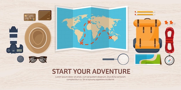 Vecteur voyage et tourisme illustration vectorielle de style plat carte de la terre du monde et globe voyage tour voyage été