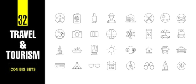 Voyage amp Tourisme Vector Line Art Icon Set Aventure Vacances et dessins de contours de point de repère