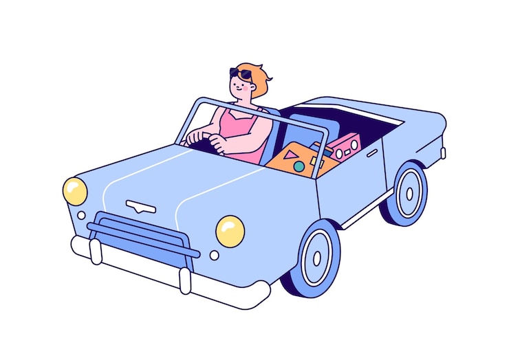 Vecteur voyage en voiture de vacances d'été une femme conduit un cabriolet avec une valise