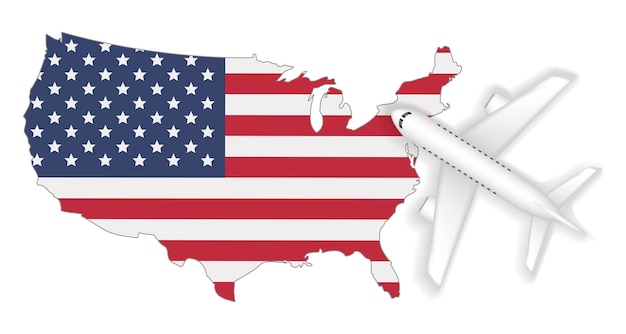 voyage de vol d&#39;avion à l&#39;Amérique drapeau carte