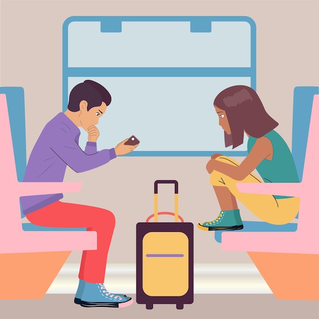 Voyage de voyage La fille et le garçon sont dans le train L'homme utilise un smartphone Illustration plate vectorielle