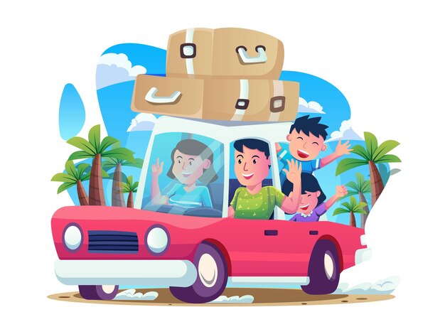 Vecteur voyager en famille à l'aide d'une illustration de voiture