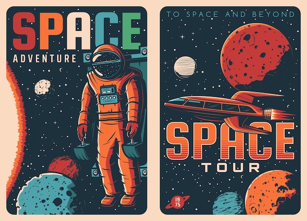 Vecteur voyages dans l'espace, affiches rétro, aventure galactique